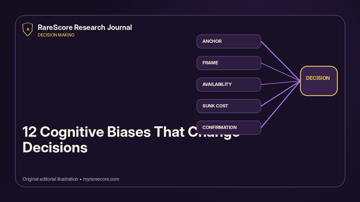 A decision path distorted by anchoring, availability, confirmation bias, framing, and sunk-cost effects.