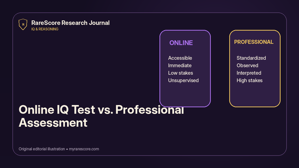 Side-by-side comparison of a free online reasoning test and a professionally administered cognitive assessment.