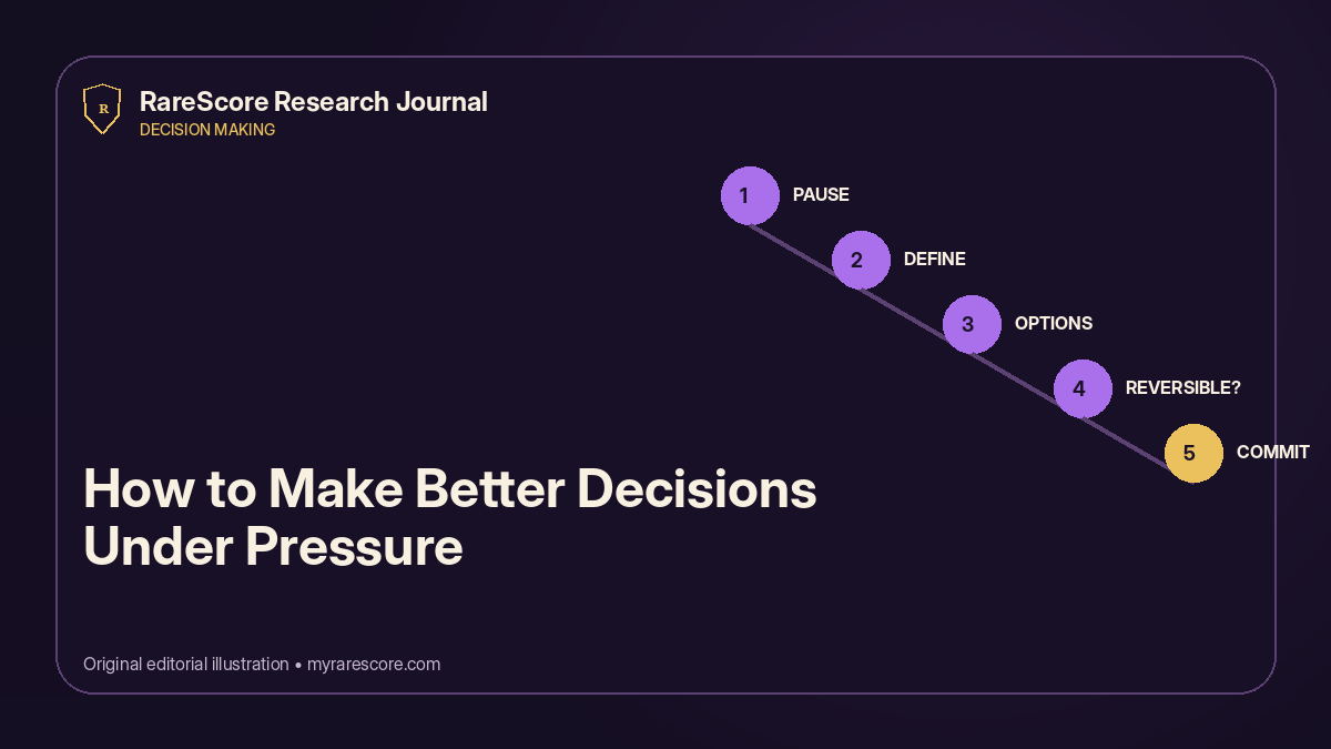 A five-step pressure decision protocol: stabilize, define, separate reversible choices, compare risks, and review.