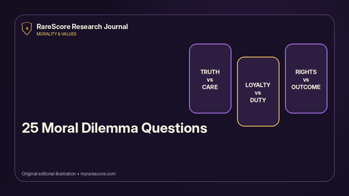 A set of moral dilemma cards organized by harm, loyalty, fairness, rights, truth, and responsibility.