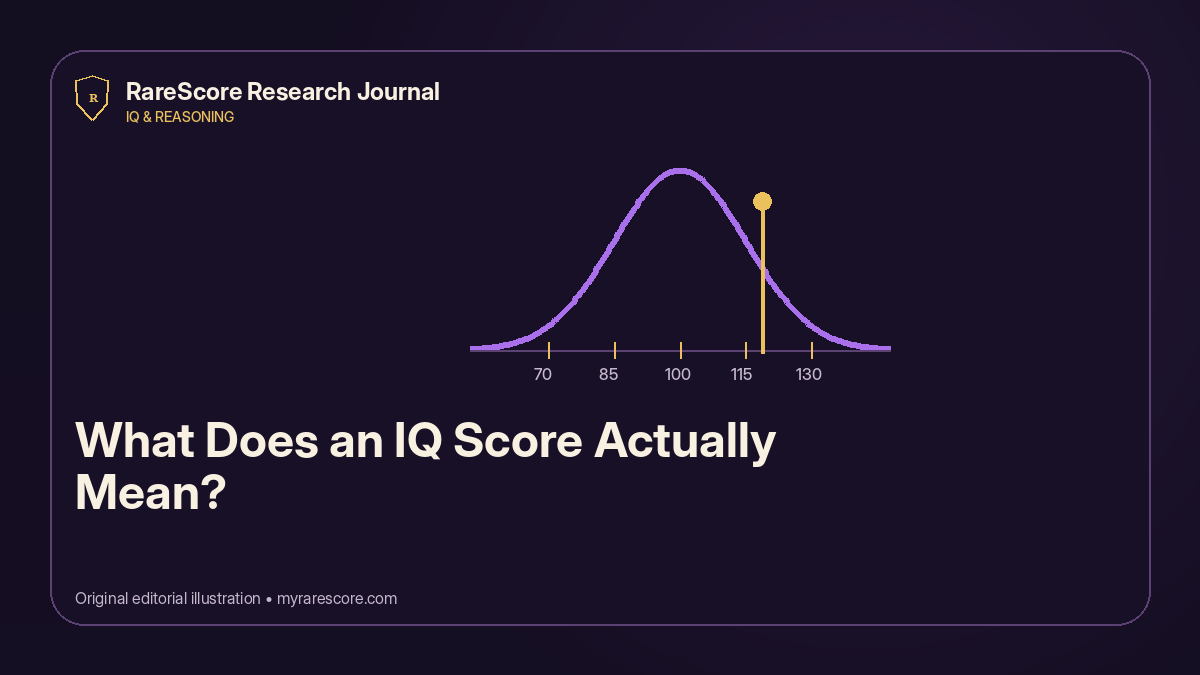 Illustrated bell curve showing an IQ score as a position within a reference distribution rather than a complete measure of a person.