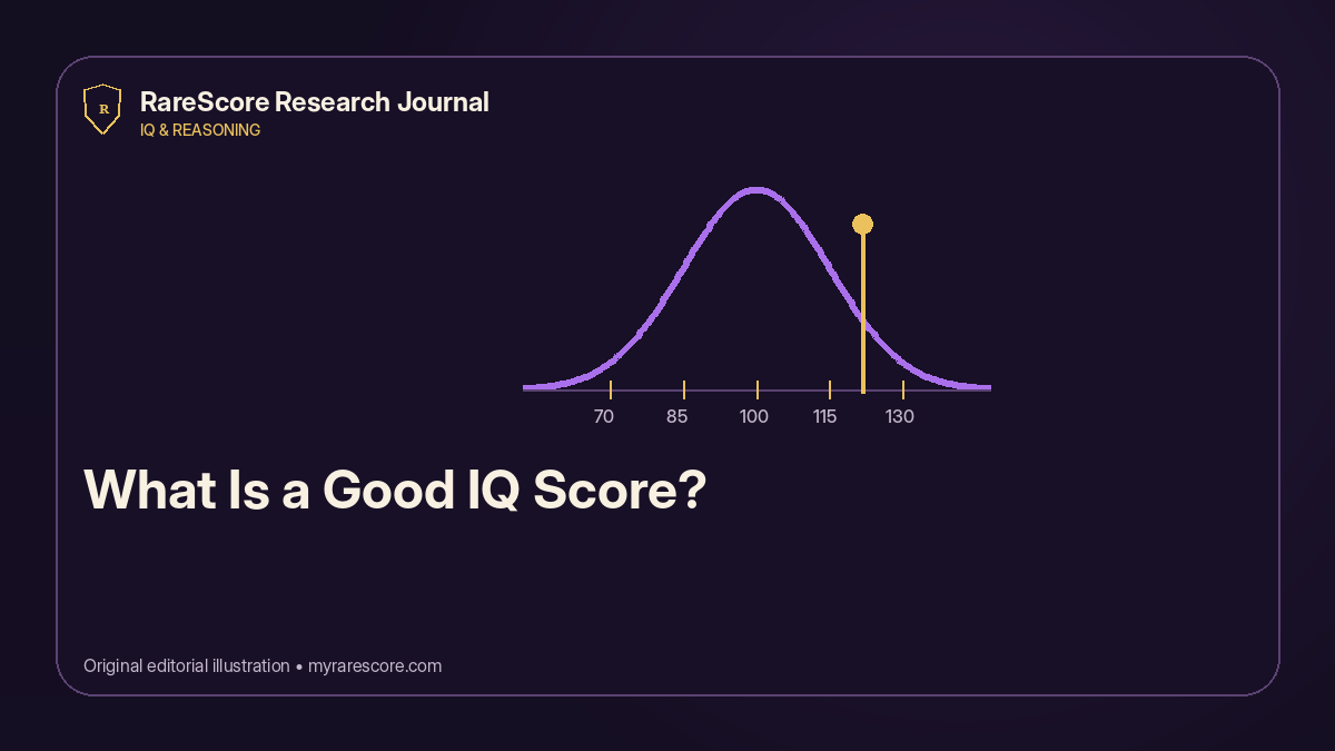 An IQ bell curve with score bands, percentiles, and a note that context and measurement uncertainty matter.