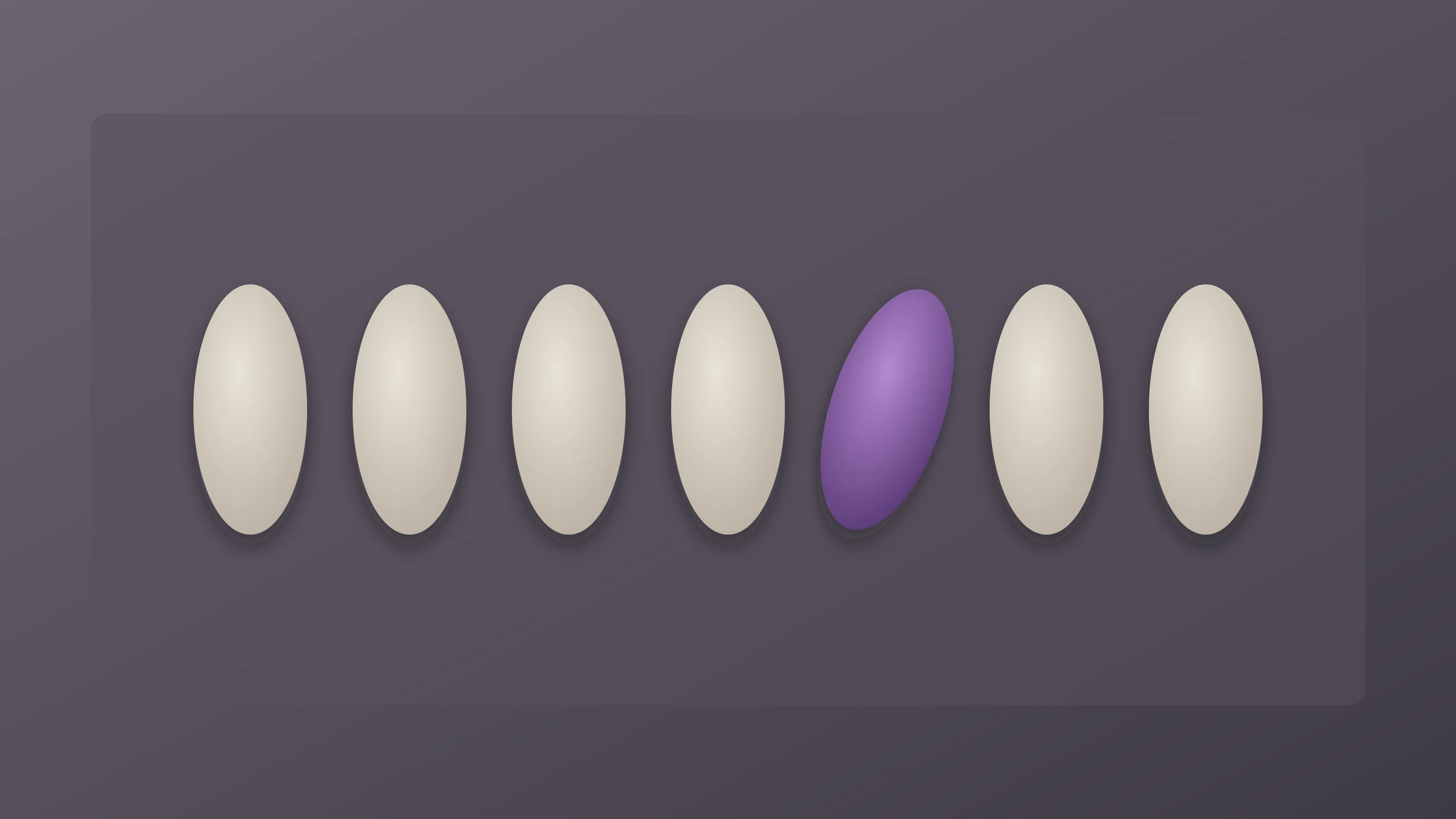 A row of pale stone shapes with one amethyst shape tilted out of line.